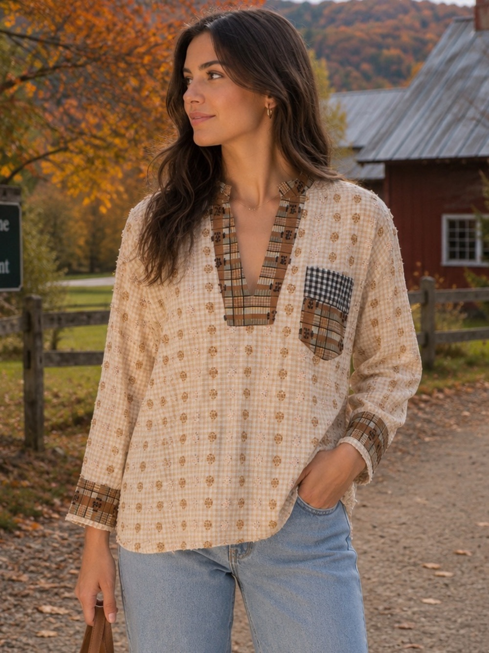 Ace and Jig Lizzie Cream Plaid-Trim V-Neck Women’s Top NWT Sz XS